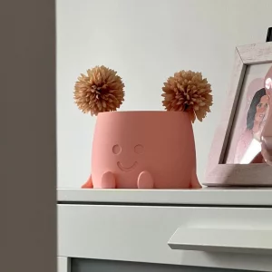 Modelo de maceta "Sonrisas" colocado en una estantería