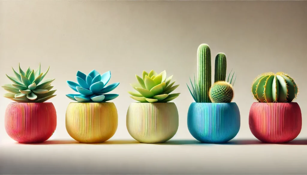 Plantas crasas, suculentas y cactus colocadas en maceteros impresos en 3d