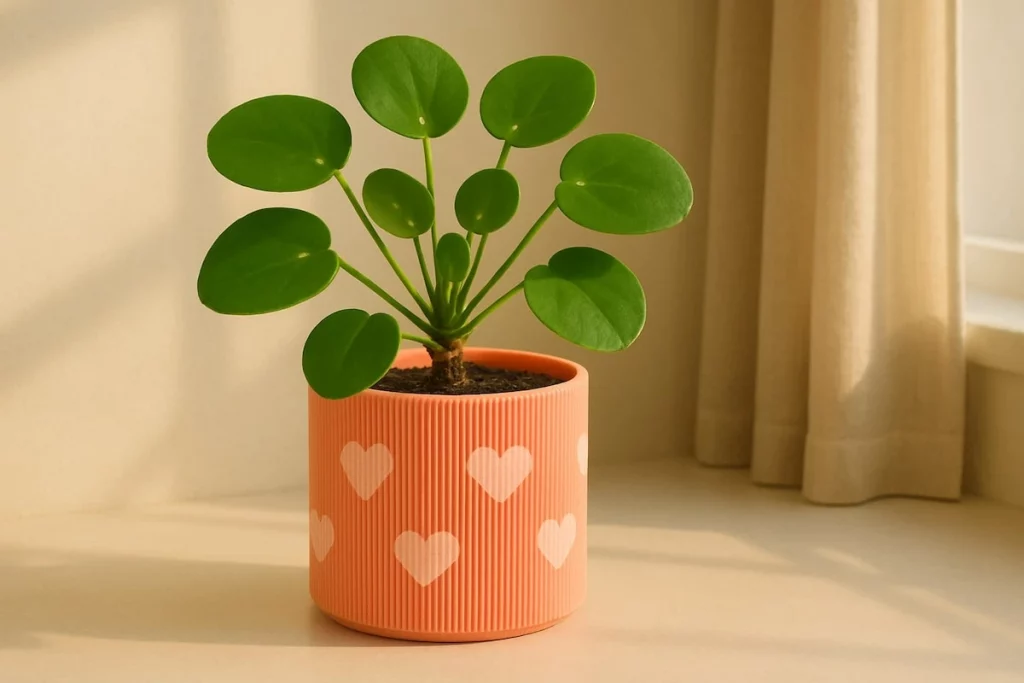 Imagen generada por IA de una peperomia en una maceta con corazones de macetitas
