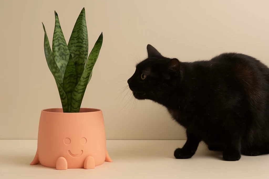 Un gato reacio a acercarse a una sansevieria