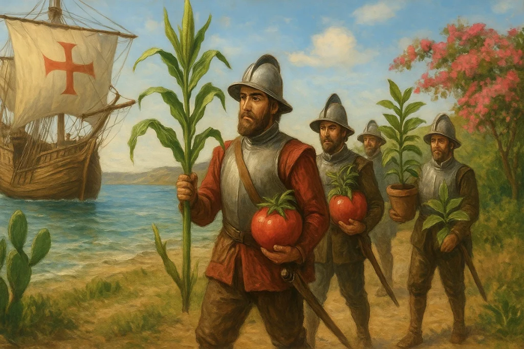Conquistadores españoles difundiendo nuevos cultivos