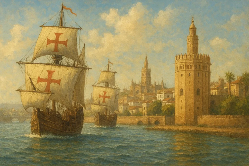 Galeones de Indias españoles llegando al puerto de Sevilla