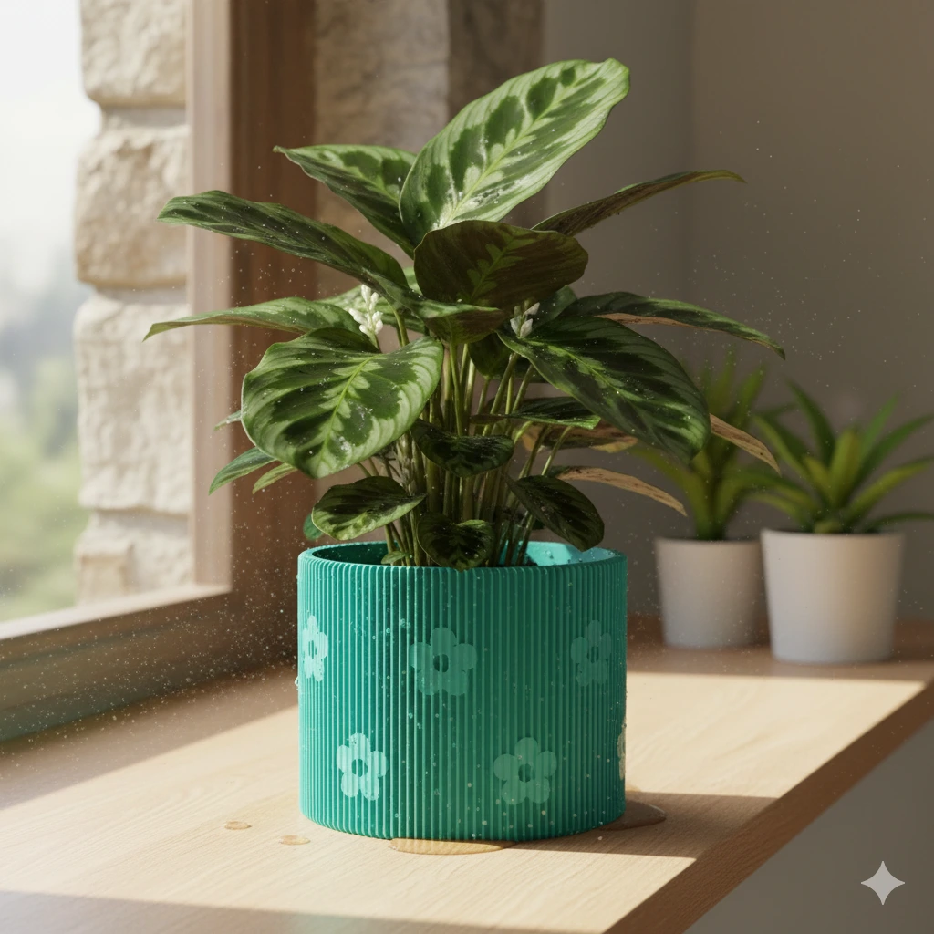 Una calathea colocada frente a una ventana