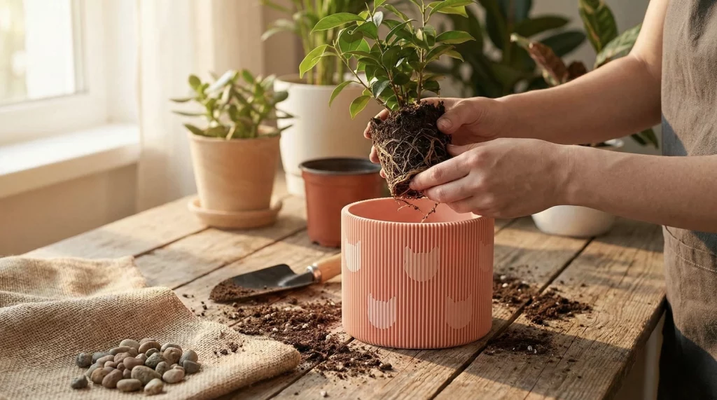 Una planta siendo trasplantada a un nuevo macetero