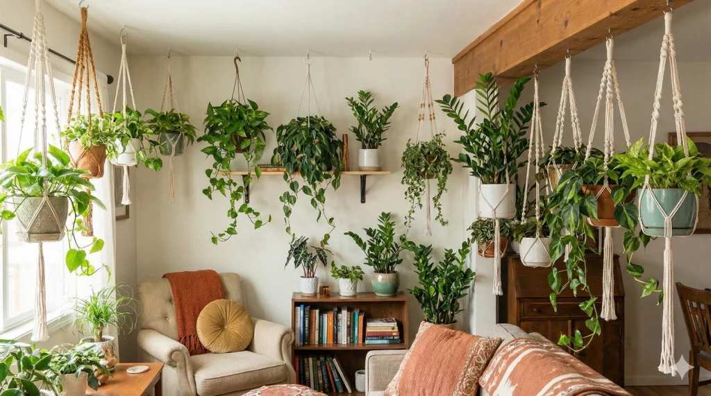 Habitación con plantas colgantes