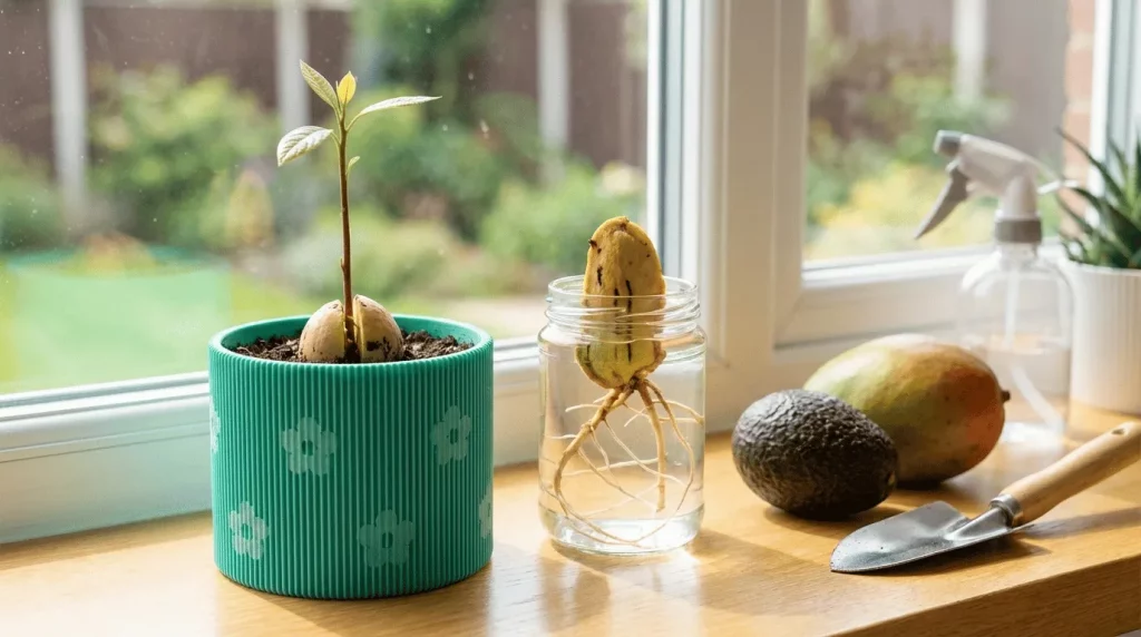 germinación de un hueso de aguacate en agua