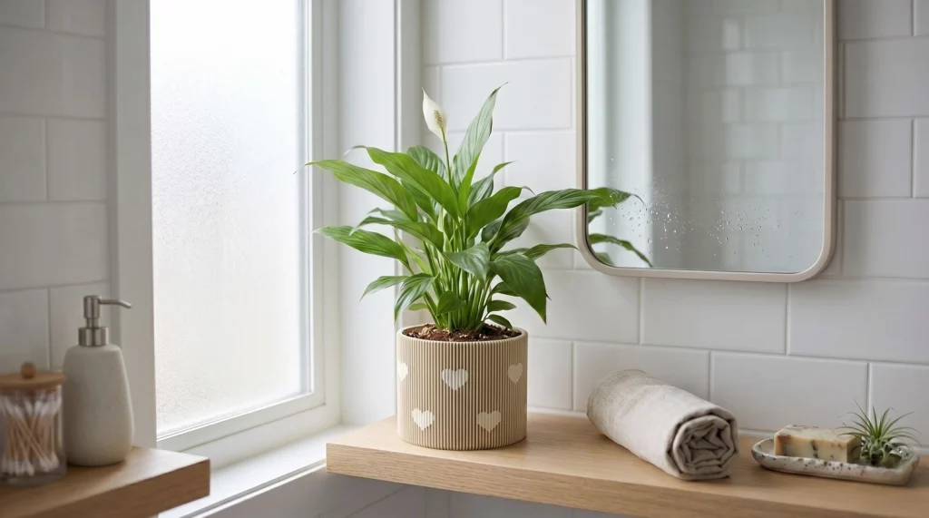 Un lirio de la paz en maceta en un baño