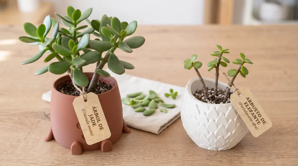 Un árbol de jade y una portulacaria afra en maceta