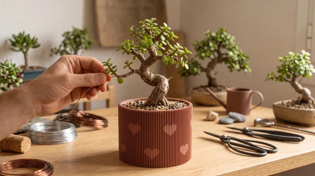 Un bonsai de portulacaria afra en una macetita