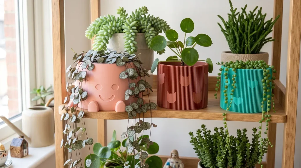Varias plantas del mismo estilo (ceropegia, sedum burrito, pilea)